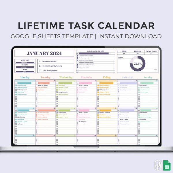 Lifetime Task Calendar - Monthly Calendar - Unlimited Years - Sunday & Monday Start - To Do List - Google Sheets Template - Instant Download