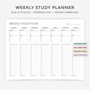 May include: A white weekly study planner with a grid layout for each day of the week. The planner includes sections for priorities and to-do lists, with a time tracking grid below. Text at the top reads "WEEKLY STUDY PLANNER".