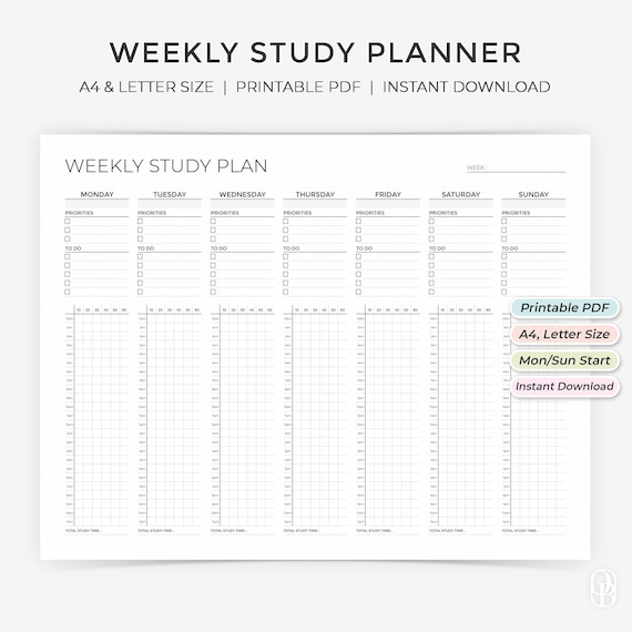 24-Hour Weekly Study Plan - Monday/Sunday - A4 and Letter - Undated Planner - Landscape - Black & White - Printable PDF - Instant Download