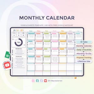 Monthly Calendar - Unlimited Years - Sunday & Monday Start -  Tracker - To Do List - Google Sheets Template - Instant Download