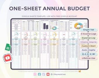 One Sheet Annual Budget - Income & Expense Tracker - Personal Finance Planner - Google Sheets Template - Spreadsheet - Instant Download
