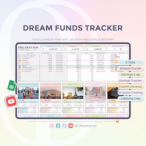 May include: A digital spreadsheet titled "Dream Funds Tracker" with a light purple background. The spreadsheet is designed for tracking savings goals, with sections for goal amount, savings, and progress. Includes tabs for savings tracking and custom currency.