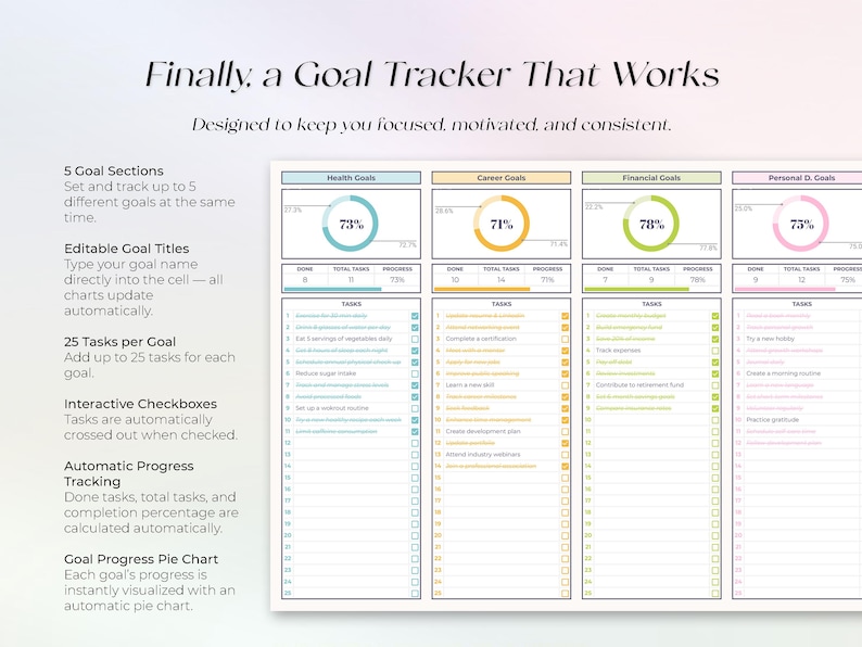 Suivi des objectifs SMART - Planificateur d'objectifs - Modèle Excel et Google Sheets - Thème pastel - Téléchargement instantané image 3