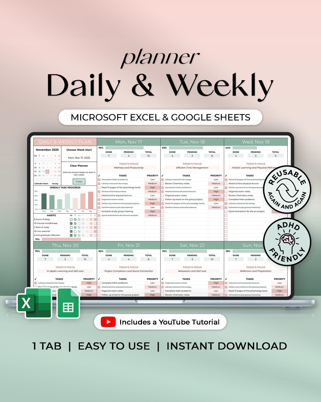 Daily & Weekly Plan + Clear Button - ADHD Planner - Excel and Google ...