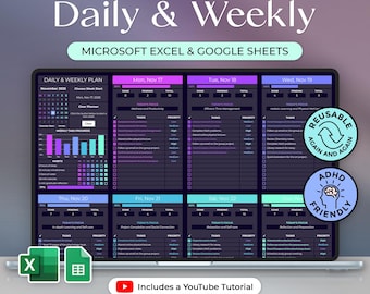 Daily & Weekly Plan + Clear Button - ADHD Planner - Excel and Google Sheets Template - Dark Theme - Instant Download