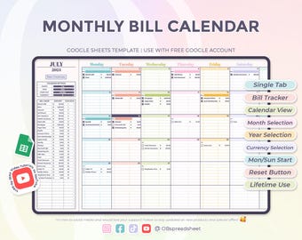 Monthly Bill Calendar - Smart Calendar - Bill Tracker - Google Sheets Template - Spreadsheet - Instant Download