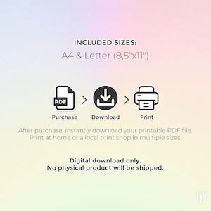 May include: Digital download graphic with instructions: Purchase, Download, Print. Includes A4 and Letter (8.5"x11") sizes. The text states "Digital download only. No physical product will be shipped."