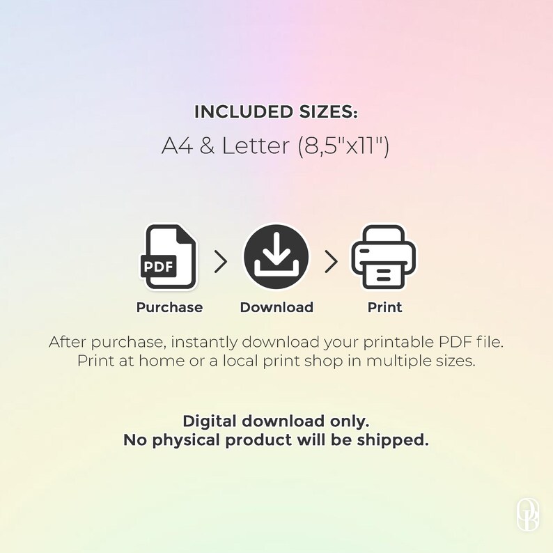 May include: Digital download graphic with instructions: Purchase, Download, Print. Includes A4 and Letter (8.5"x11") sizes. The text states "Digital download only. No physical product will be shipped."
