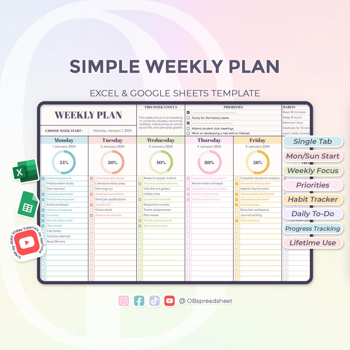 Simple and Effective Weekly Planner - Excel and Google Sheets Template ...