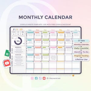 Kalendarz miesięczny – nieograniczona liczba lat – początek w niedzielę i poniedziałek – śledzenie – lista zadań do wykonania – szablon Arkuszy Google – natychmiastowe pobranie