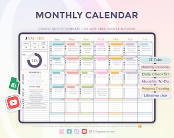 Calendrier mensuel - Nombre d'années illimité - Début le dimanche ou le lundi - Suivi - Liste de tâches - Modèle Google Sheets - Téléchargement instantané
