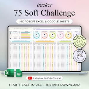 75 Soft Challenge - Habit Tracker - Excel and Google Sheets Template - Spreadsheet - Pastel Theme - Instant Download