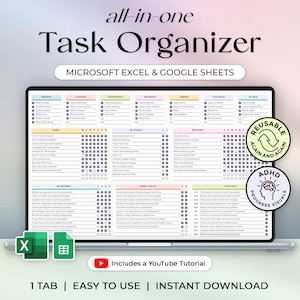 Alles in Einem Aufgabenplaner - Aufgabenliste - Täglich Wöchentlich Monatlich Jährlich - Excel und Google Sheets Vorlage - Pastell Theme - Sofort Download