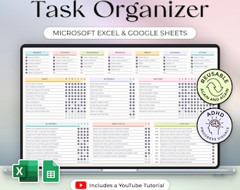 All in One Task Organizer - To Do List - Daily Weekly Monthly Annually - Excel and Google Sheets Template - Pastel Theme - Instant Download