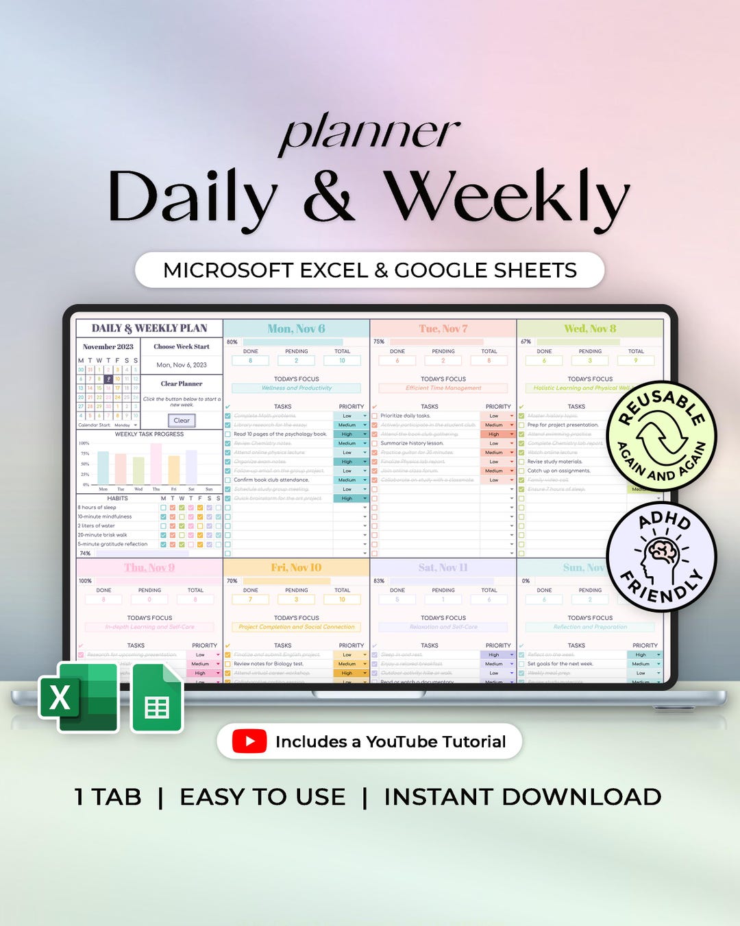 Daily & Weekly Plan + Clear Button - ADHD Planner - Excel and Google ...