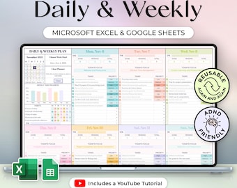 Daily & Weekly Plan + Clear Button - ADHD Planner - Excel and Google Sheets Template - Pastel Theme - Instant Download