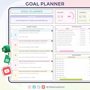 May include: A digital goal planner with sections for main goals, smart checks, action plans, and milestones. The planner includes a progress tracker and a deadline of January 1, 2026. The planner is available for instant download.