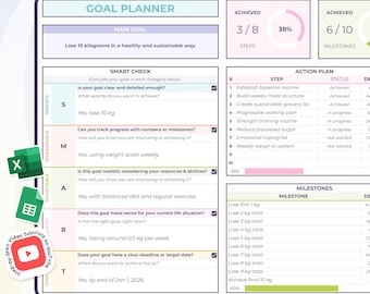 Puede incluir: Un planificador de objetivos digital con secciones para objetivos principales, controles inteligentes, planes de acción e hitos. El planificador incluye un seguimiento del progreso y una fecha límite del 1 de enero de 2026.
