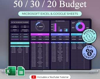 50 / 30 / 20 Budget Planner - Simple Monthly Budget - 50 30 20 Rule - Excel and Google Sheets - Dark Theme - Instant Download