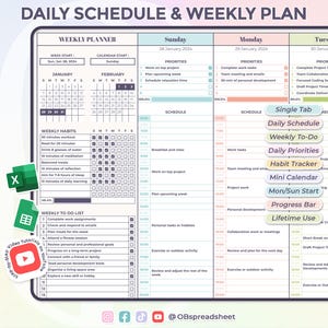 Programma giornaliero e piano settimanale - Modello Excel e Fogli Google - Lista di controllo giornaliera - Cose da fare - Planner settimanale - Foglio di calcolo - Download immediato