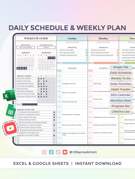 Daily Schedule & Weekly Plan - Excel and Google Sheets Template - Daily Checklist - To Do - Weekly Planner - Spreadsheet - Instant Download
