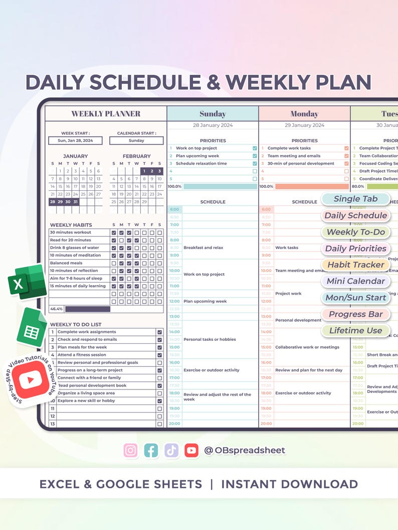 Daily Schedule & Weekly Plan - Excel and Google Sheets Template - Daily Checklist - To Do - Weekly Planner - Spreadsheet - Instant Download image 1