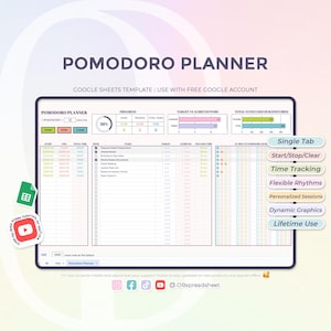 Planificateur Pomodoro - Gestion du temps - Planificateur de productivité - Séances d'étude - Suivi des tâches - Modèle de feuilles de calcul Google - Téléchargement immédiat