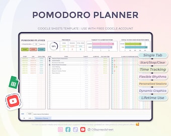 Pomodoro Planner - Time Management - Productivity Planner - Study Sessions - Task Tracker - Google Sheets Template - Instant Download