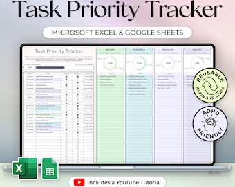 Task Priority Tracker - Eisenhower Matrix - Decision Matrix - To Do - Excel and Google Sheets Template - Pastel Theme - Instant Download
