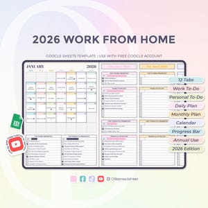 Pode incluir: Modelo de calendário digital 2026 Work From Home com vista de janeiro. O modelo inclui secções para listas de tarefas de trabalho e pessoais, um plano diário e um plano mensal. O design é branco, rosa e azul.