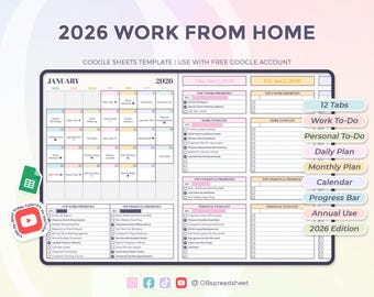 Planer pracy zdalnej na rok 2026 – Praca i życie prywatne – Priorytety – Do zrobienia – Kalendarz – Dzienny Miesięczny – Szablon Arkuszy Google – Natychmiastowe pobranie