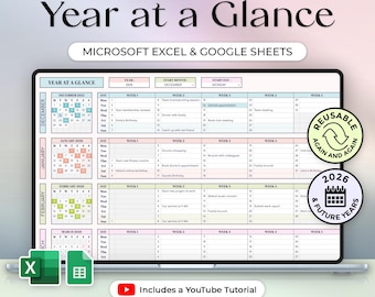 Resumen del año - 2026 y años futuros - Planificador anual - Plan anual - Calendario - Excel y Hojas de cálculo de Google - Tema Pastel - Descarga instantánea
