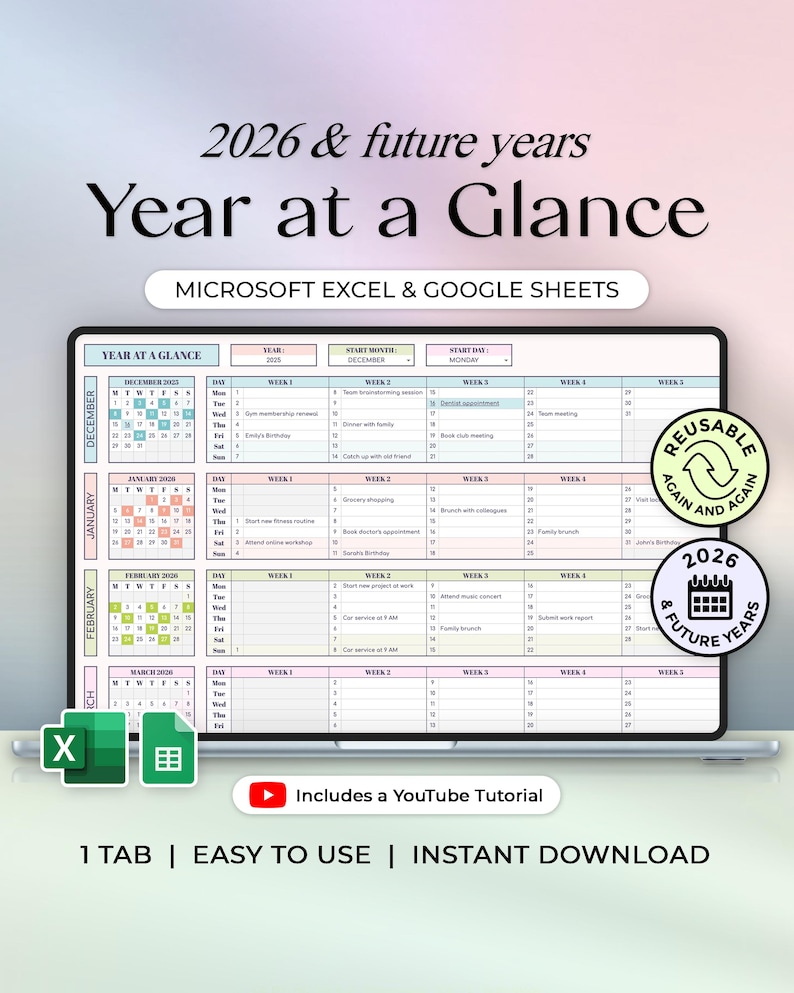 Year at a Glance - 2026 & Future Years - Annual Planner - Yearly Plan ...