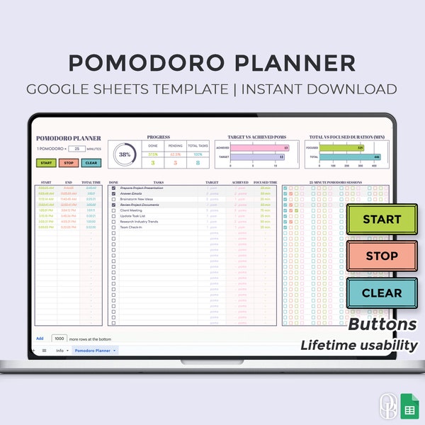 Pomodoro Planner - Time Management - Productivity Planner - Study Sessions - Task Tracker - Google Sheets Template - Instant Download