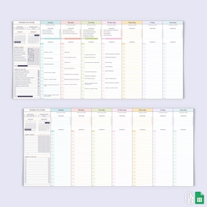 May include: A weekly planner with a colorful design. The planner has sections for each day of the week, with space for writing down appointments, tasks, and notes. The planner also includes a calendar, a to-do list, and a section for tracking habits.