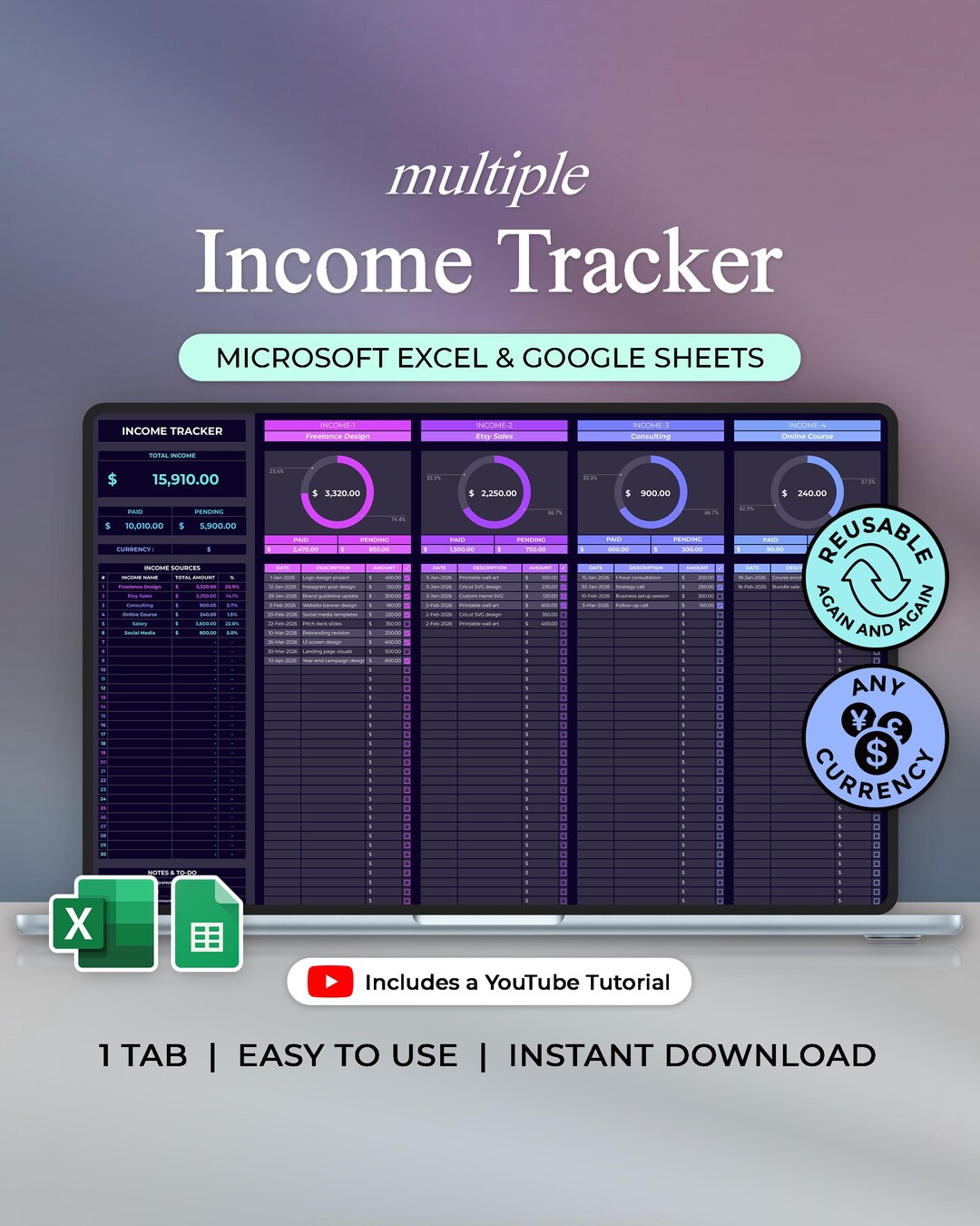 Multiple Income Tracker - Excel and Google Sheets - Dark Theme ...