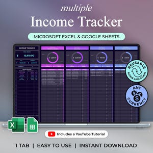 May include: A digital income tracker displayed on a laptop screen. The screen shows a spreadsheet with financial data, including income sources and amounts. Text on the screen reads "Income Tracker," "Microsoft Excel & Google Sheets," and "Reusable." The image also includes the text "Includes a YouTube Tutorial."