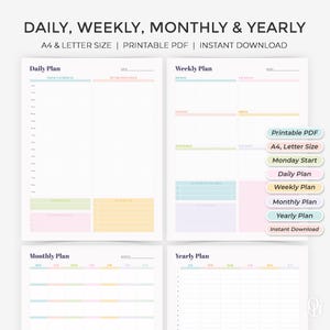 Puede incluir: Un planificador digital con diseños diarios, semanales, mensuales y anuales. El PDF imprimible incluye secciones para programación, notas y objetivos. El planificador está disponible en tamaños A4 y carta, con inicio el lunes.