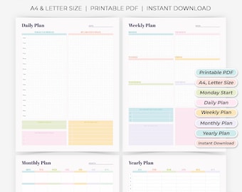 Könnte beinhalten: Ein digitaler Planer mit täglichen, wöchentlichen, monatlichen und jährlichen Layouts. Das druckbare PDF enthält Abschnitte für Planung, Notizen und Ziele. Der Planer ist in A4- und Letter-Größe erhältlich, mit Wochenbeginn am Montag.