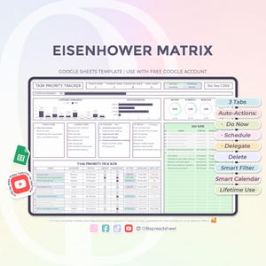 Eisenhower-matrix - taakprioriteit-tracker - beslissingsmatrix - dringend/belangrijk - takenlijst - sjabloon voor Google Spreadsheets - direct downloaden