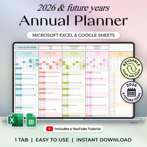 Annual Planner - 2026 & Future Years - Events, Birthdays, Daily Notes - Calendar - Excel and Google Sheets - Pastel Theme - Instant Download
