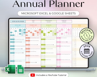 Planificador anual - 2026 y años futuros - Eventos, cumpleaños, notas diarias - Calendario - Excel y Hojas de cálculo de Google - Tema pastel - Descarga instantánea