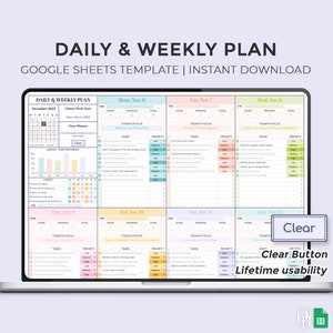 Daily & Weekly Plan - Clear Button - Google Sheets Template - Daily Checklist - To Do List - Weekly Planner - Spreadsheet - Instant Download