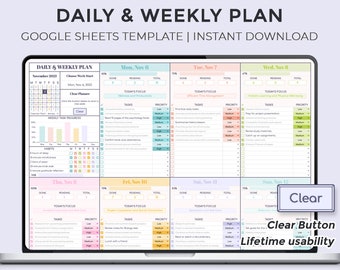 Plan diario y semanal - Botón Borrar - Plantilla de Hojas de cálculo de Google - Lista de verificación diaria - Lista de tareas pendientes - Planificador semanal - Hoja de cálculo - Descarga instantánea