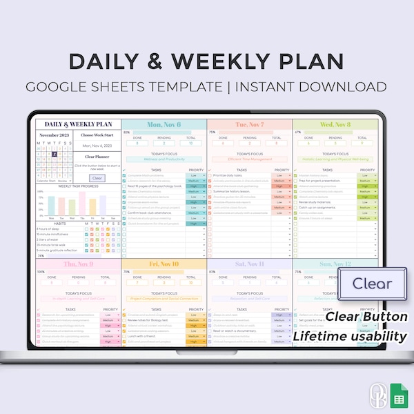 Daily & Weekly Plan - Clear Button - Google Sheets Template - Daily Checklist - To Do List - Weekly Planner - Spreadsheet - Instant Download