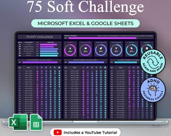 Może przedstawiać: Cyfrowy tracker dla "75 Soft Challenge" wyświetlany na ekranie laptopa. Projekt ma ciemne tło z kolorowymi paskami postępu i okrągłymi wskaźnikami postępu. Tekst zawiera "75 Soft Challenge", "Microsoft Excel & Google Sheets".