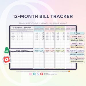 12-Month Bill Tracker - Smart Calendar - Annual Bill Tracker - Google Sheets Template - Spreadsheet - Instant Download