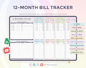 Seguimiento de facturas de 12 meses - Calendario inteligente - Seguimiento de facturas anuales - Plantilla de Hojas de cálculo de Google - Hoja de cálculo - Descarga instantánea