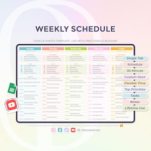 Customizable Weekly Schedule: 30-Minute Intervals - Google Sheets Template - Daily Weekly Planner - To Do - Spreadsheet - Instant Download