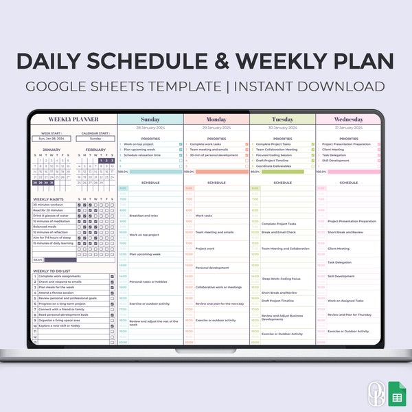Dagelijks schema & weekplan - Google Spreadsheets-sjabloon - Dagelijkse checklist - Takenlijst - Weekplanner - Spreadsheet - Direct downloaden
